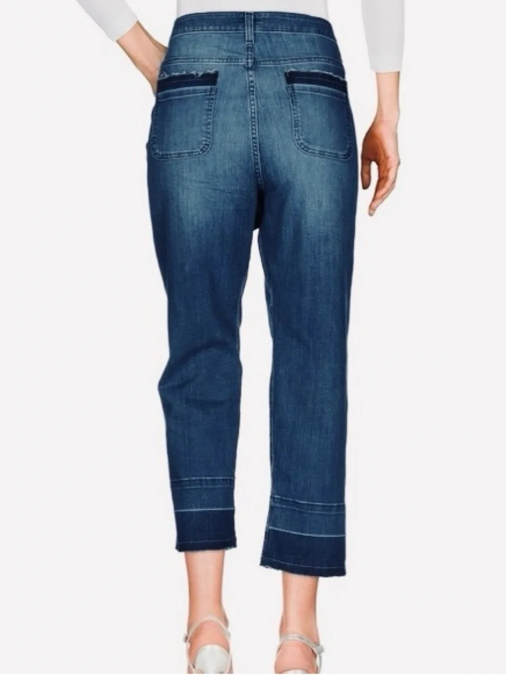 Michael KORS Raw Hem Edge Two Tone Cropped Denim Blue Jeans Distressed Size 2